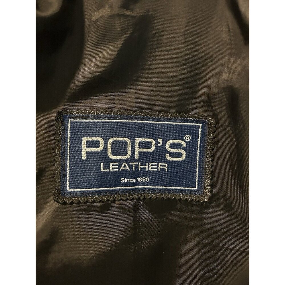 Vtg Pops Black Soft Leather Jacket Full Zip Blue Stitching Unisex Medium Large - Picture 8 of 12